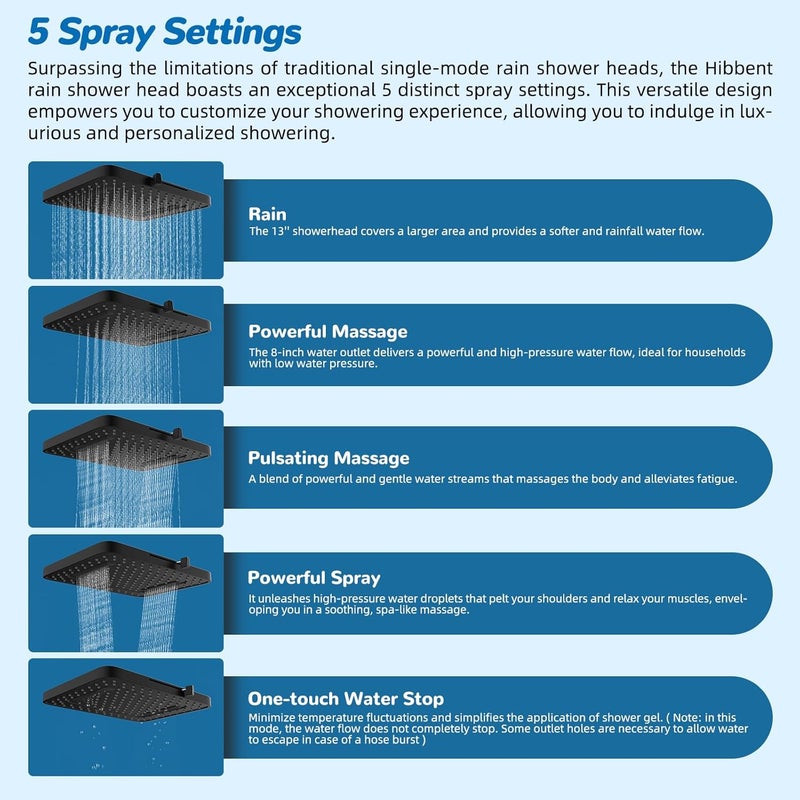Hibbent cUPC Certified 13'' Shower Head Combo, High Pressure 5 Spray Rainfall Showerhead, 10 Spray Mode Handheld, All Metal Easy Reach 4-way Diverter Arm with Pause Mode, 71'' Hose and Holder, Black - Image 2